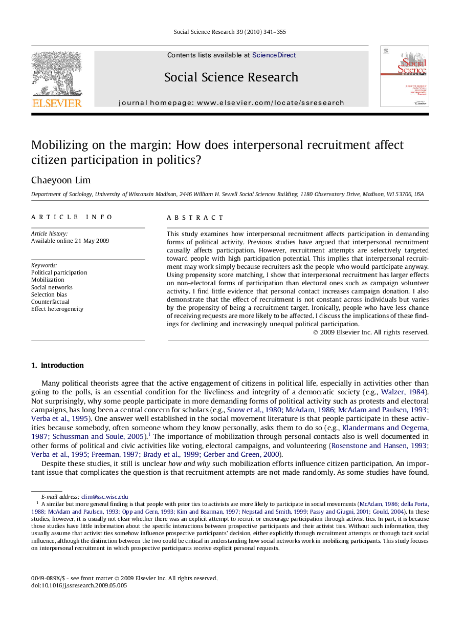 Mobilizing on the margin: How does interpersonal recruitment affect citizen participation in politics?