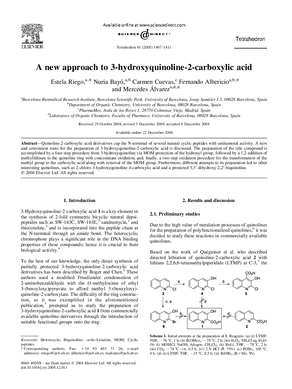 A new approach to 3-hydroxyquinoline-2-carboxylic acid