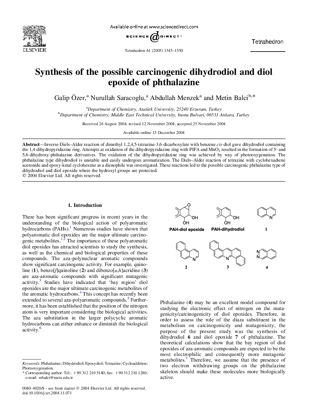 Synthesis of the possible carcinogenic dihydrodiol and diol epoxide of phthalazine