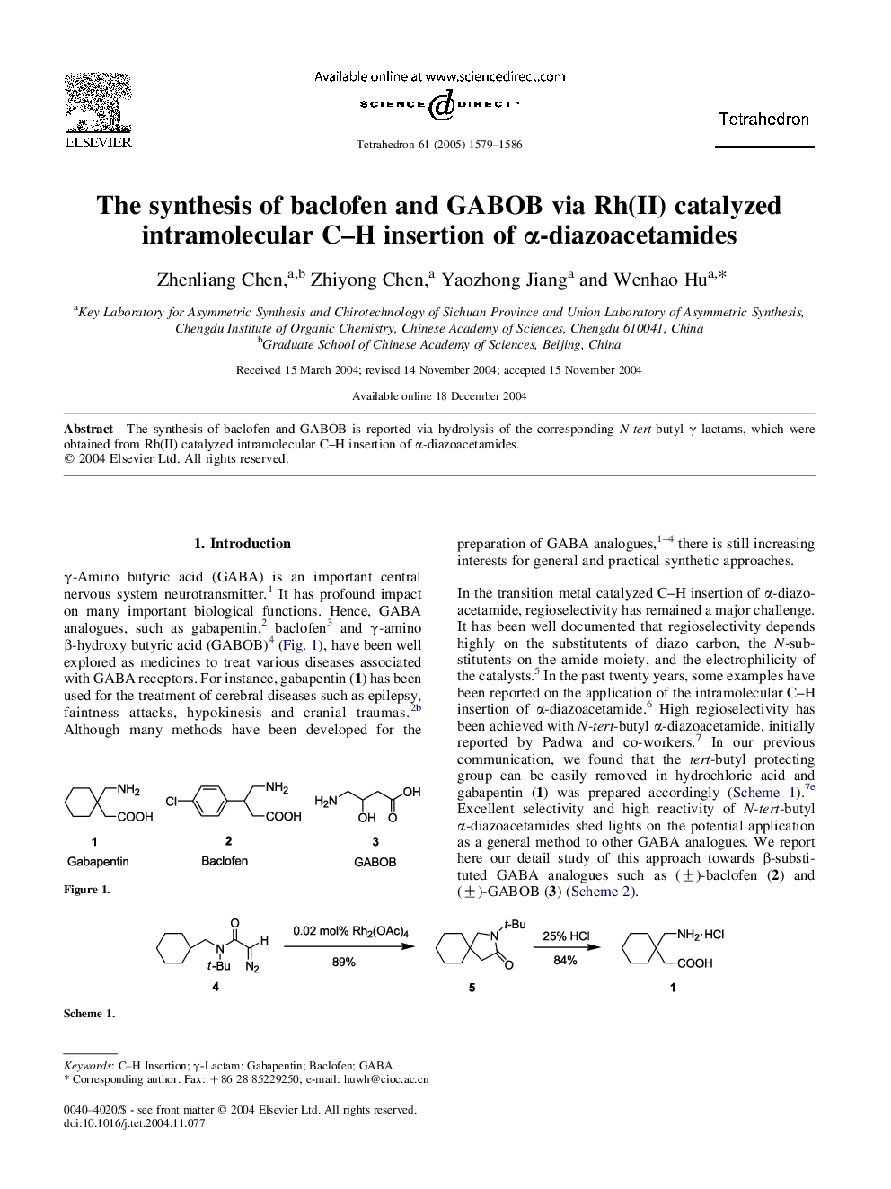 The synthesis of baclofen and GABOB via Rh(II) catalyzed intramolecular C-H insertion of Î±-diazoacetamides