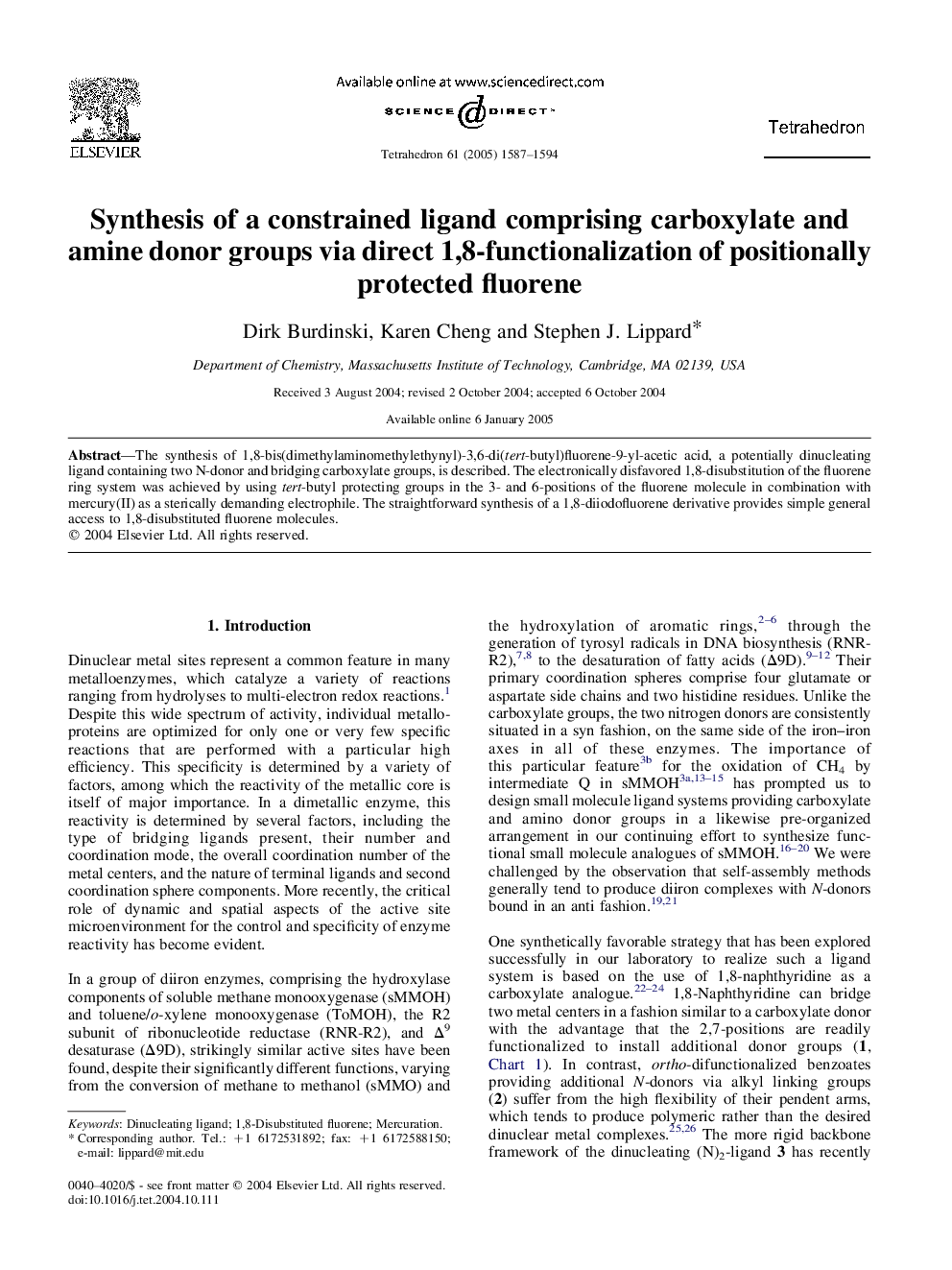 Synthesis of a constrained ligand comprising carboxylate and amine donor groups via direct 1,8-functionalization of positionally protected fluorene