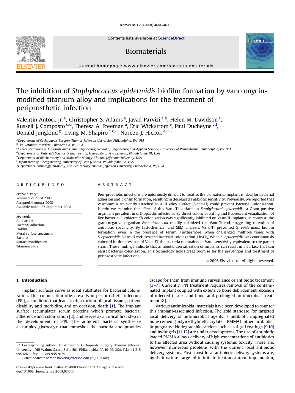 The inhibition of Staphylococcus epidermidis biofilm formation by vancomycin-modified titanium alloy and implications for the treatment of periprosthetic infection