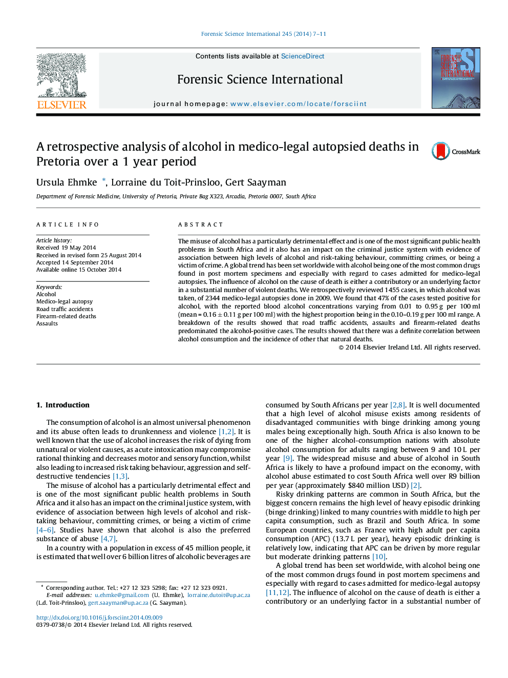 A retrospective analysis of alcohol in medico-legal autopsied deaths in Pretoria over a 1 year period