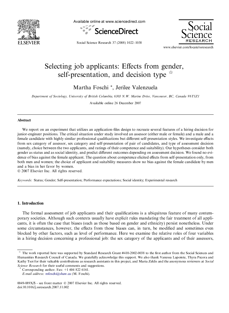 Selecting job applicants: Effects from gender, self-presentation, and decision type 