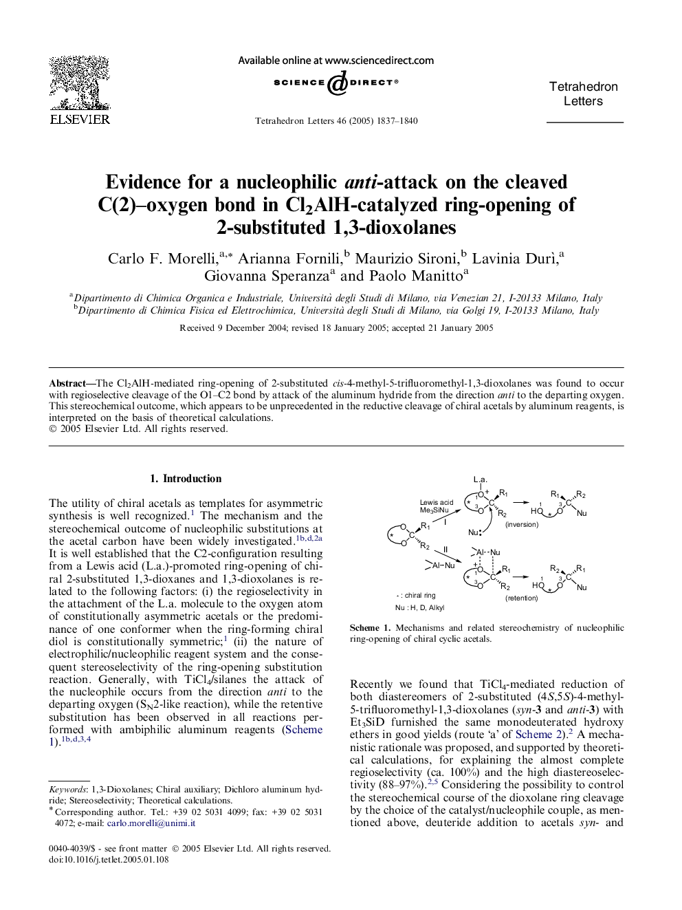 Evidence for a nucleophilic anti-attack on the cleaved C(2)-oxygen bond in Cl2AlH-catalyzed ring-opening of 2-substituted 1,3-dioxolanes