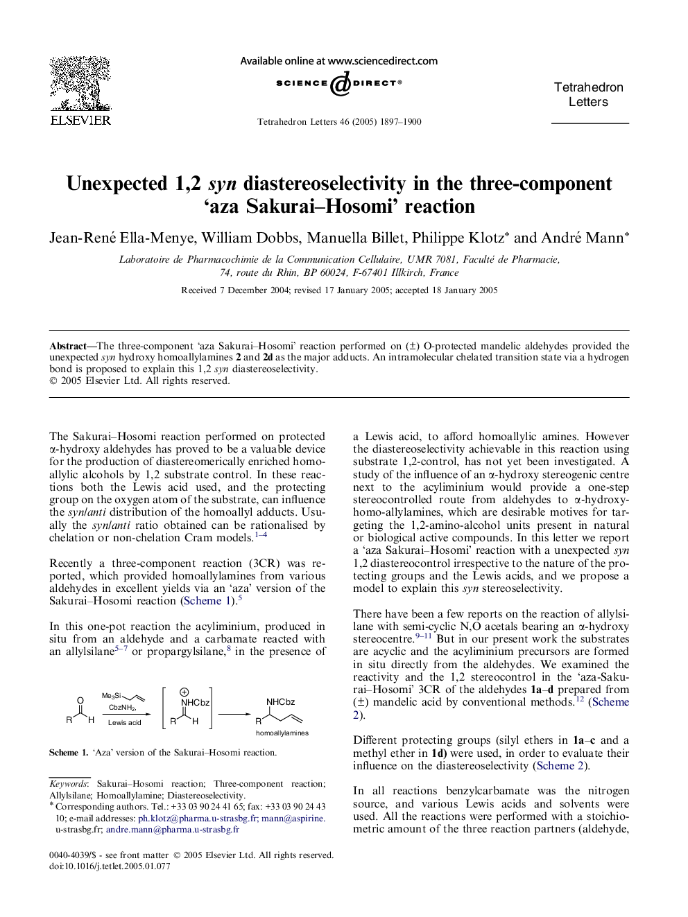 Unexpected 1,2 syn diastereoselectivity in the three-component 'aza Sakurai-Hosomi' reaction