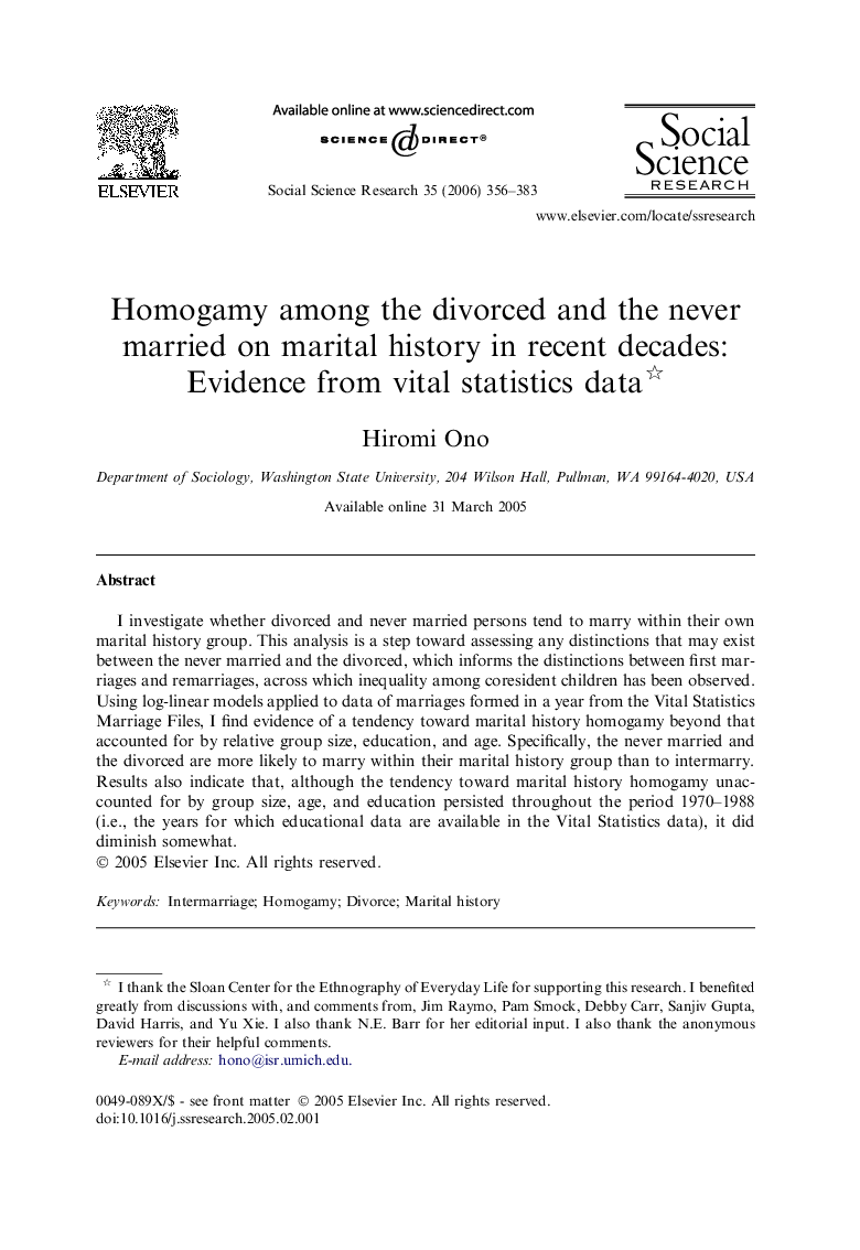 Homogamy among the divorced and the never married on marital history in recent decades: Evidence from vital statistics data 