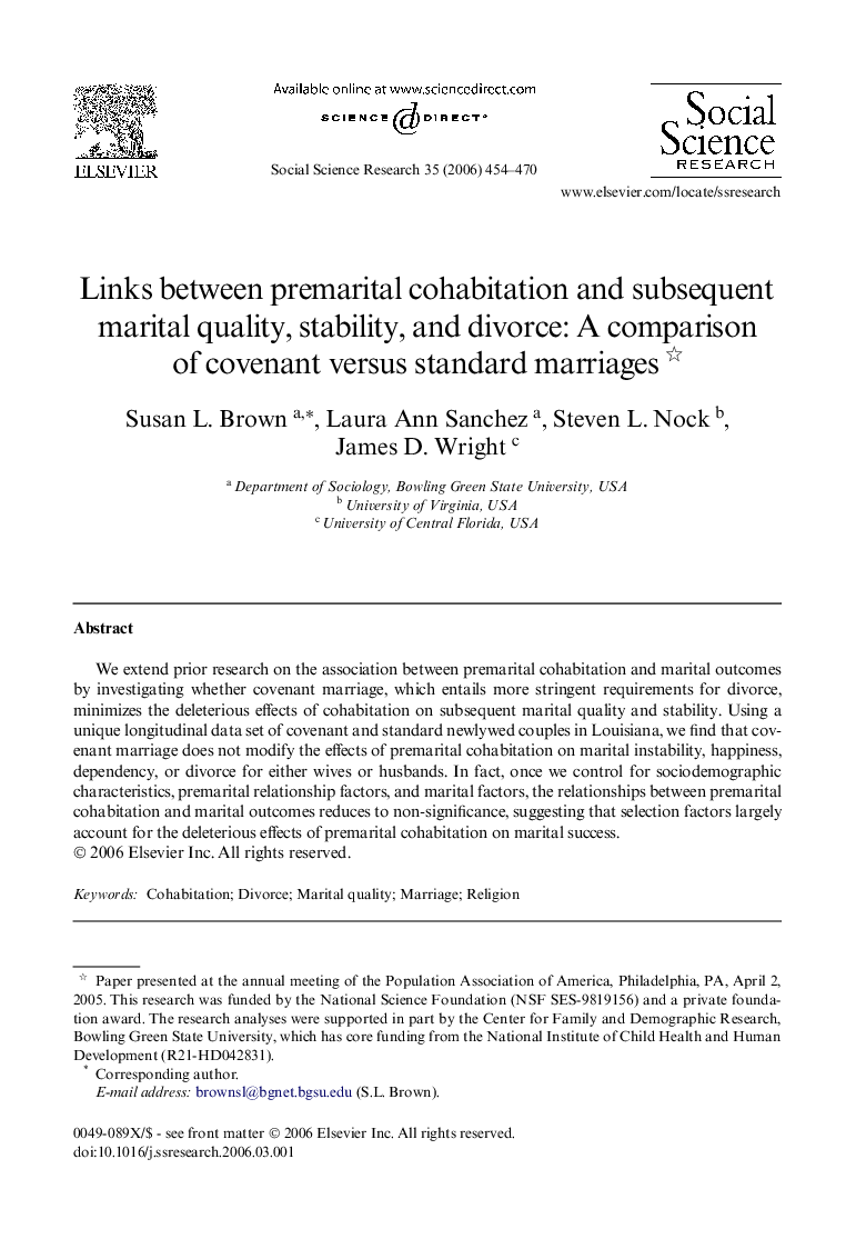 Links between premarital cohabitation and subsequent marital quality, stability, and divorce: A comparison of covenant versus standard marriages 