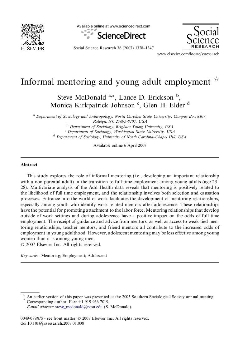 Informal mentoring and young adult employment 