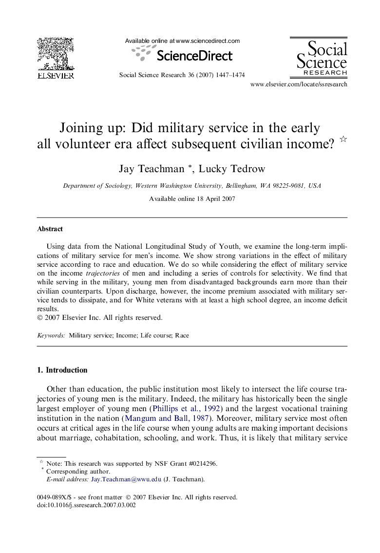 Joining up: Did military service in the early all volunteer era affect subsequent civilian income? 