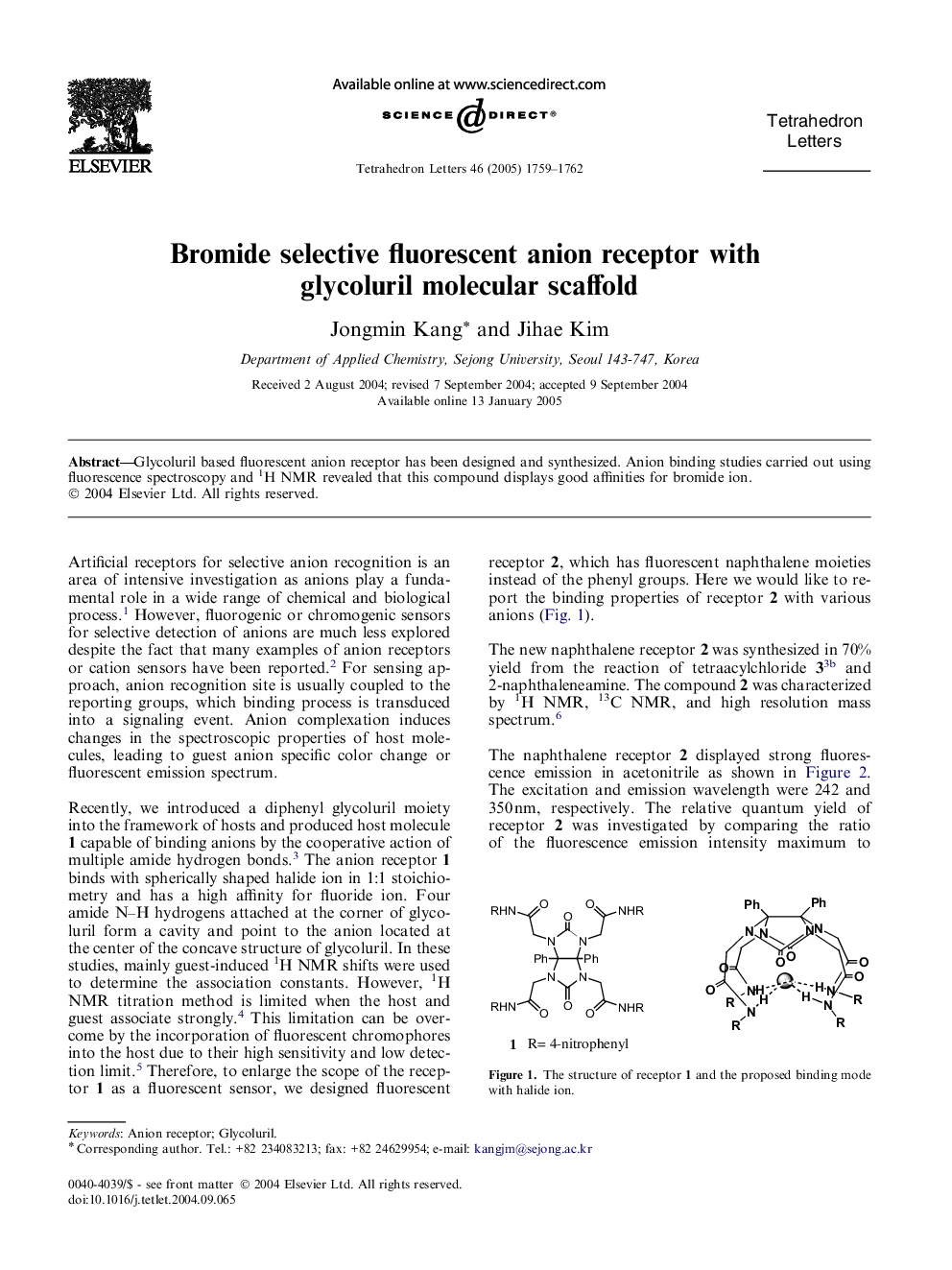 Bromide selective fluorescent anion receptor with glycoluril molecular scaffold