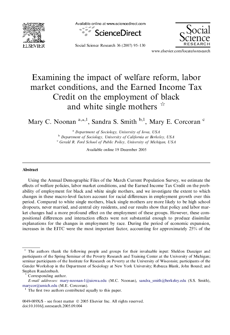 Examining the impact of welfare reform, labor market conditions, and the Earned Income Tax Credit on the employment of black and white single mothers 