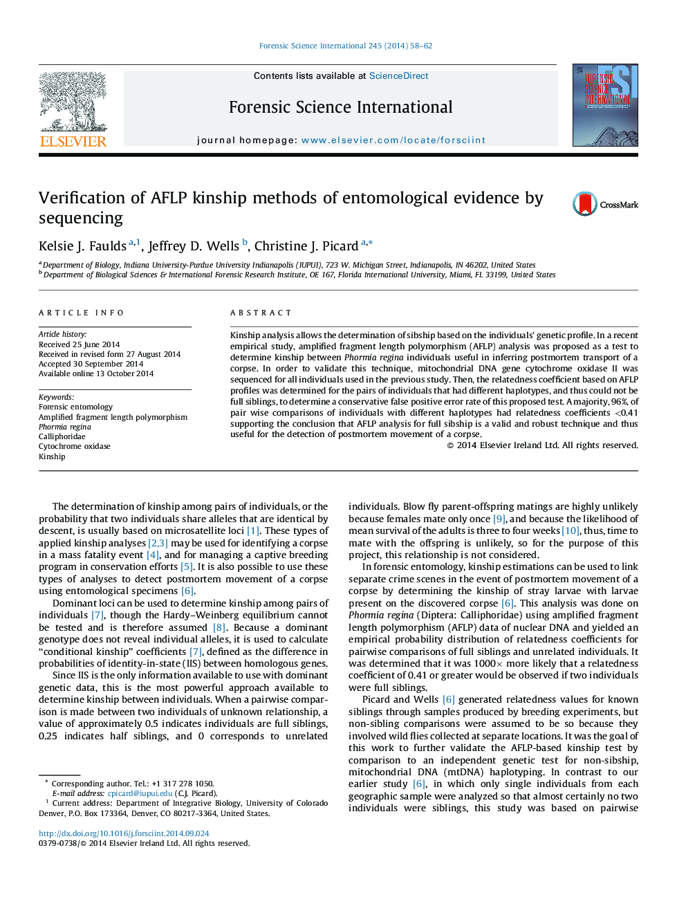 Verification of AFLP kinship methods of entomological evidence by sequencing