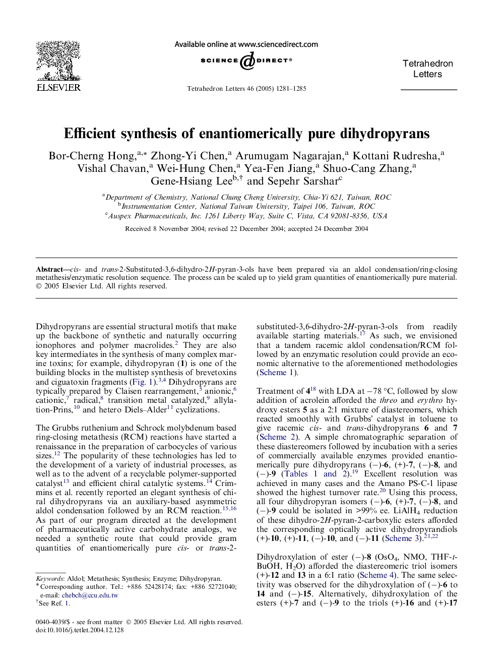 Efficient synthesis of enantiomerically pure dihydropyrans