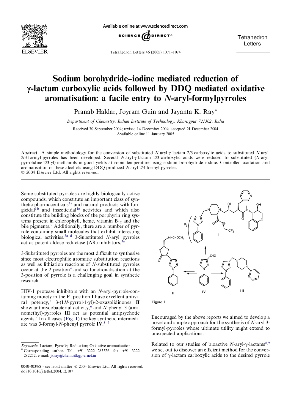 Sodium borohydride-iodine mediated reduction of Î³-lactam carboxylic acids followed by DDQ mediated oxidative aromatisation: a facile entry to N-aryl-formylpyrroles