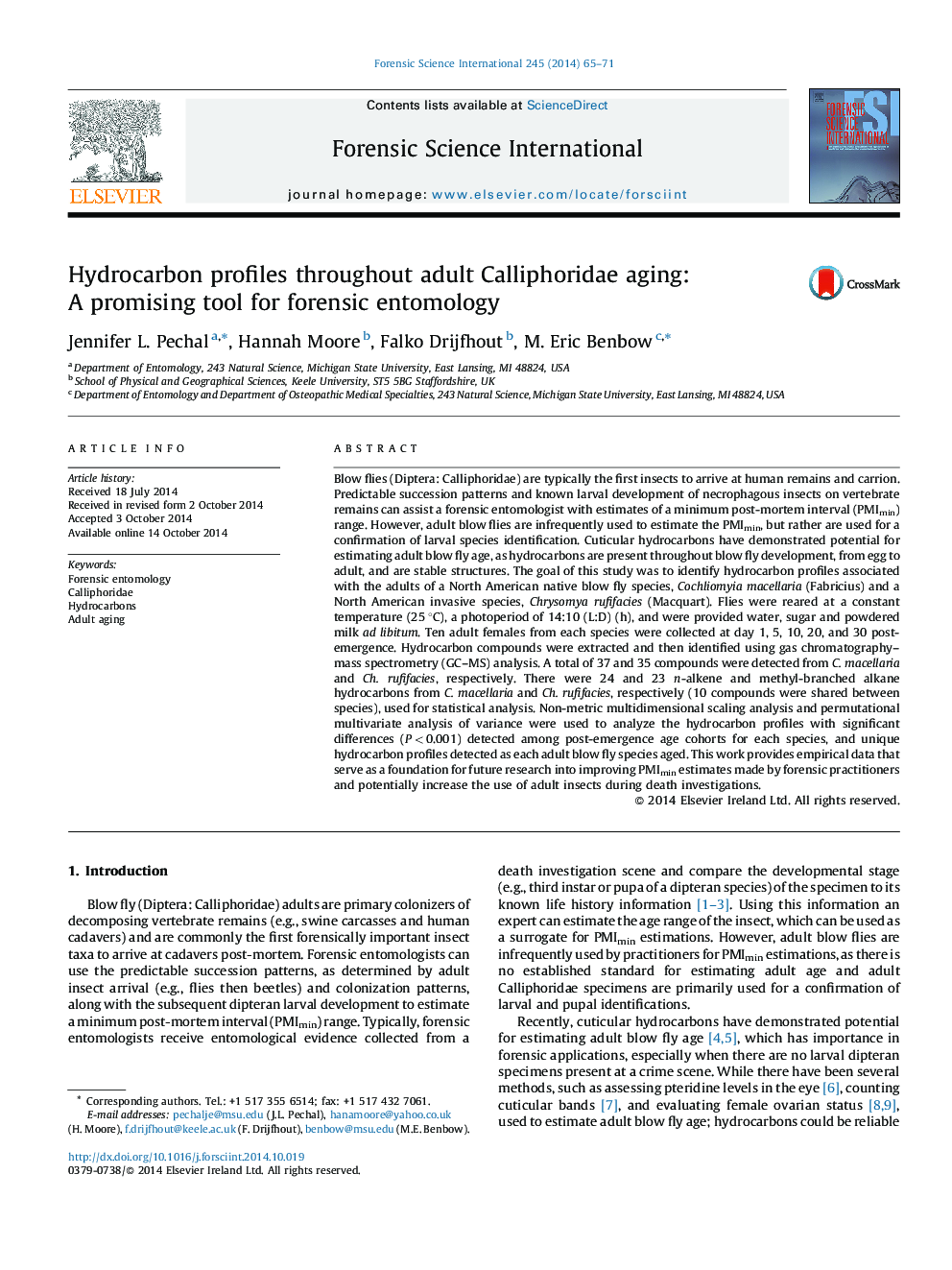 Hydrocarbon profiles throughout adult Calliphoridae aging: A promising tool for forensic entomology