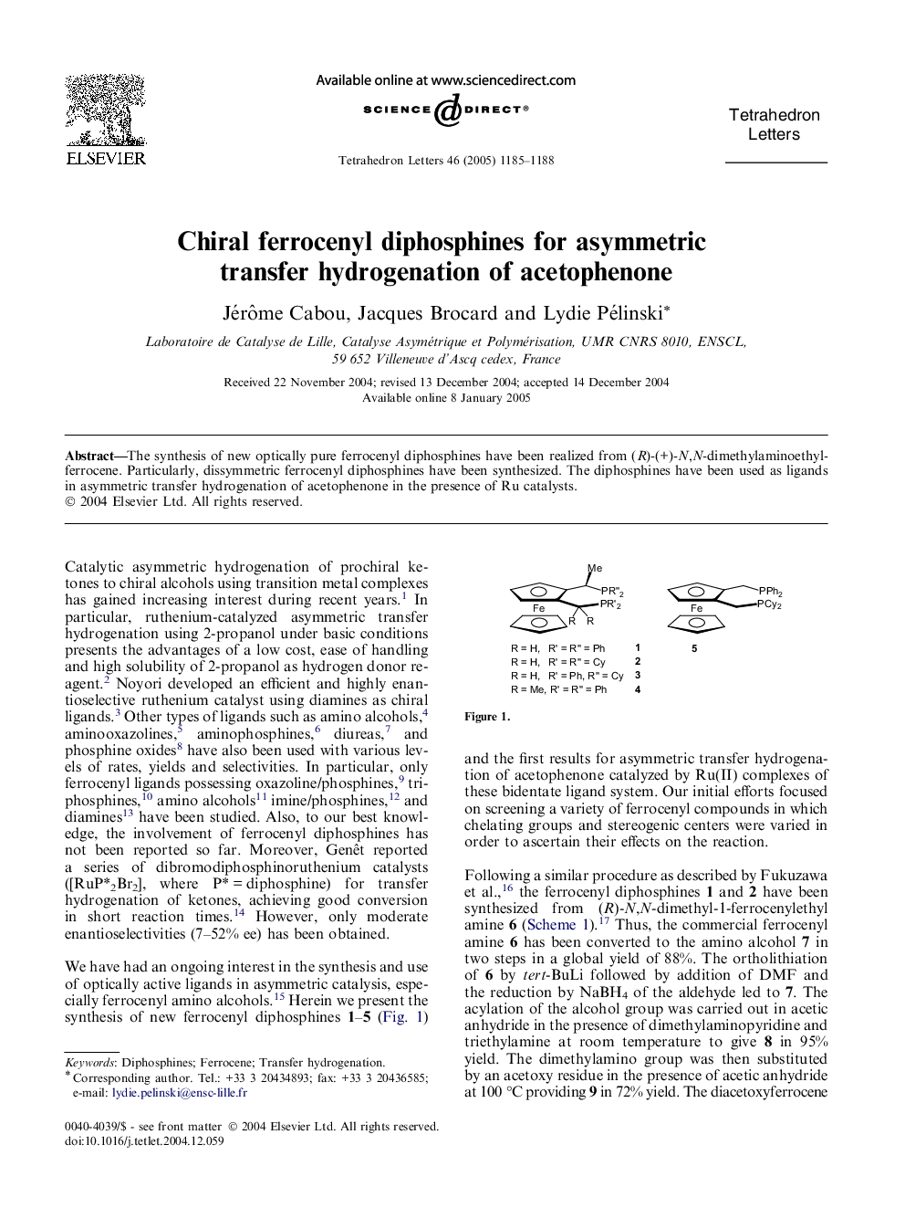 Chiral ferrocenyl diphosphines for asymmetric transfer hydrogenation of acetophenone