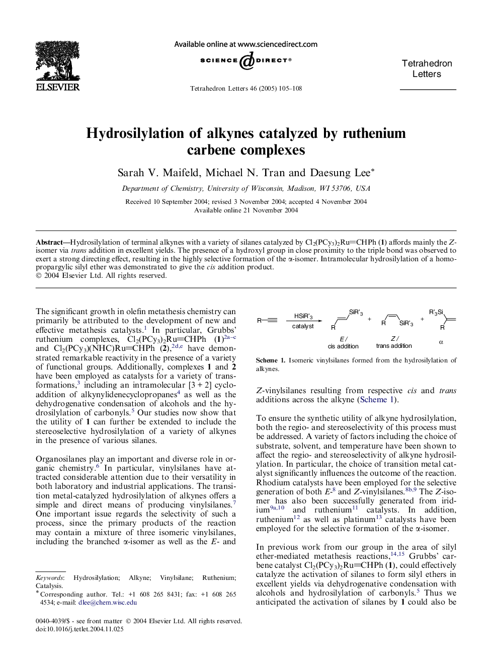 Hydrosilylation of alkynes catalyzed by ruthenium carbene complexes