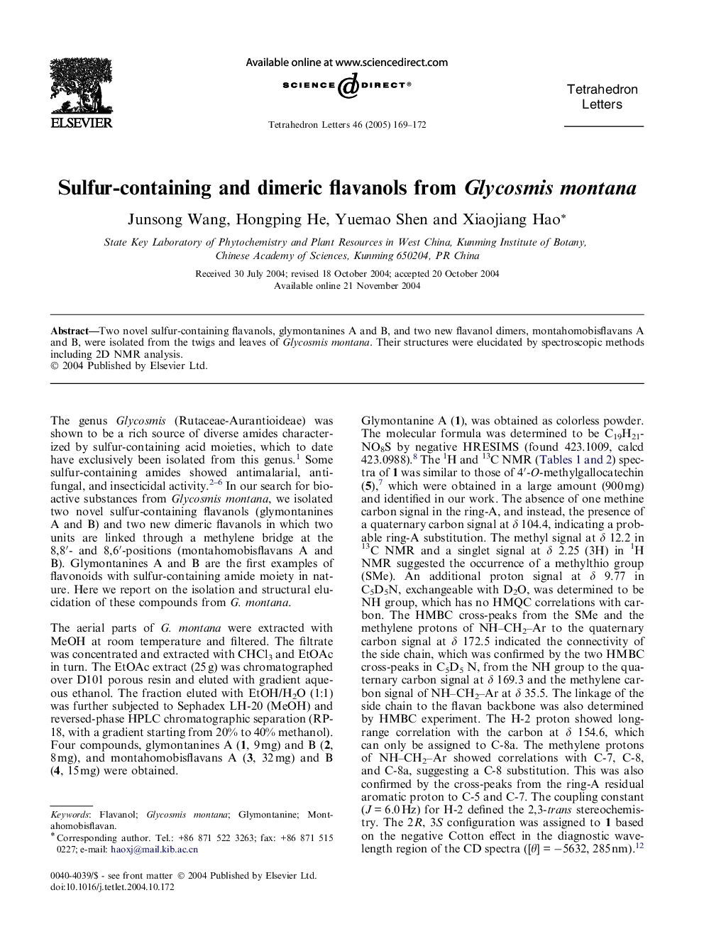 Sulfur-containing and dimeric flavanols from Glycosmis montana