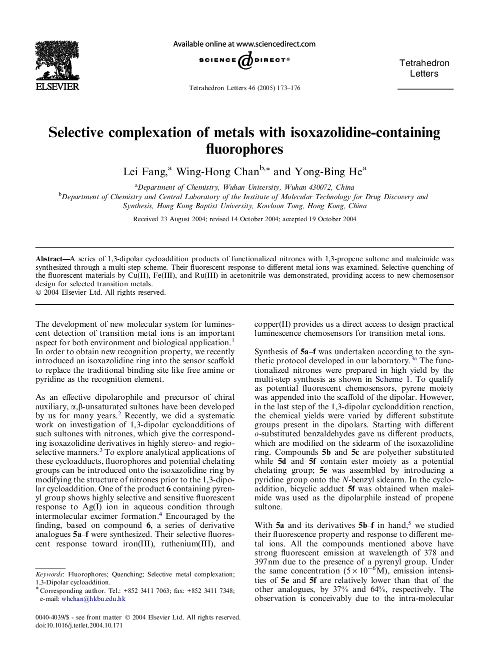 Selective complexation of metals with isoxazolidine-containing fluorophores