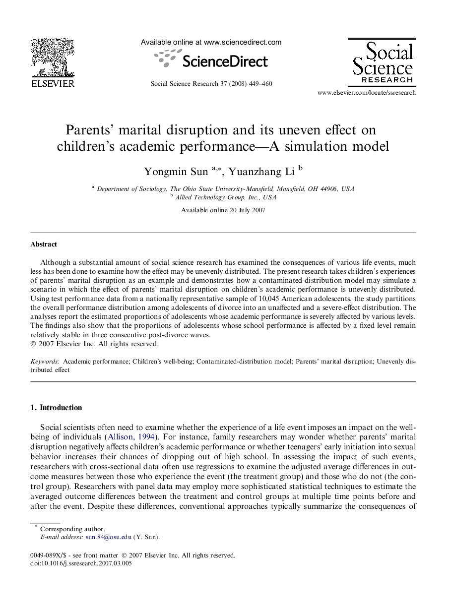 Parents’ marital disruption and its uneven effect on children’s academic performance—A simulation model