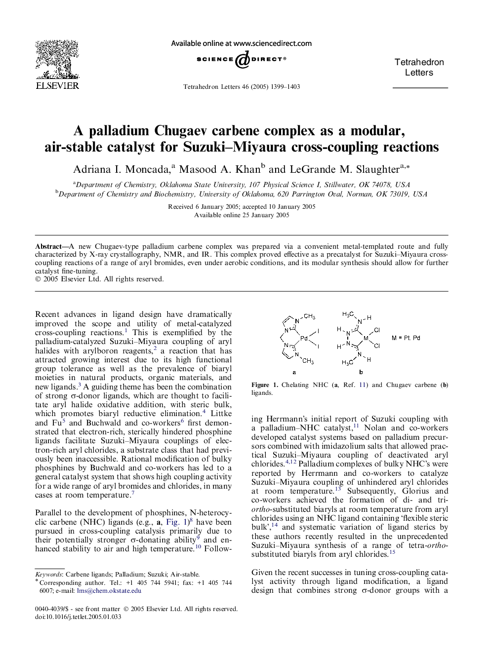 A palladium Chugaev carbene complex as a modular, air-stable catalyst for Suzuki-Miyaura cross-coupling reactions