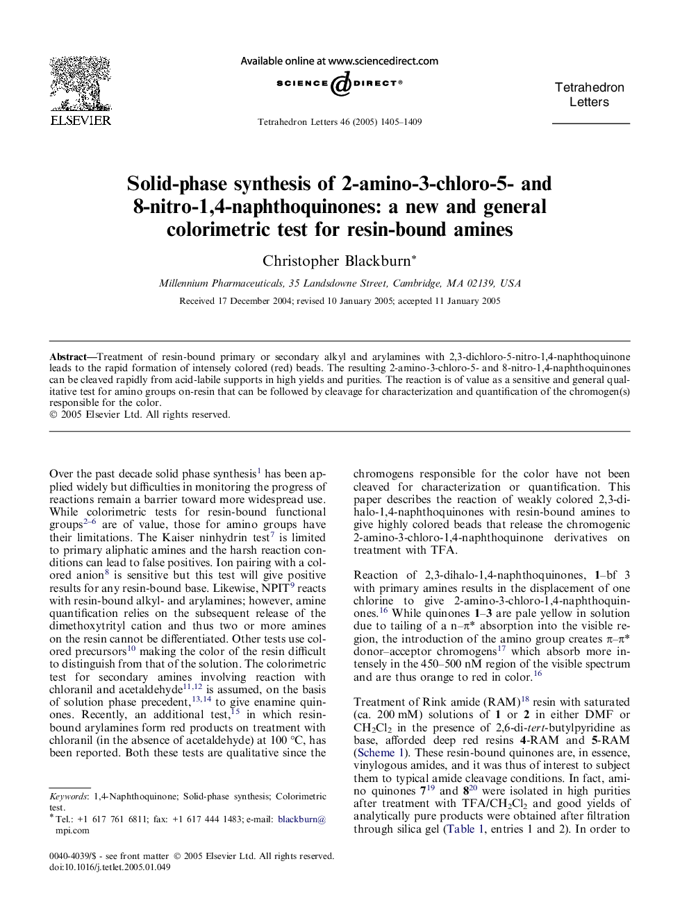 Solid-phase synthesis of 2-amino-3-chloro-5- and 8-nitro-1,4-naphthoquinones: a new and general colorimetric test for resin-bound amines