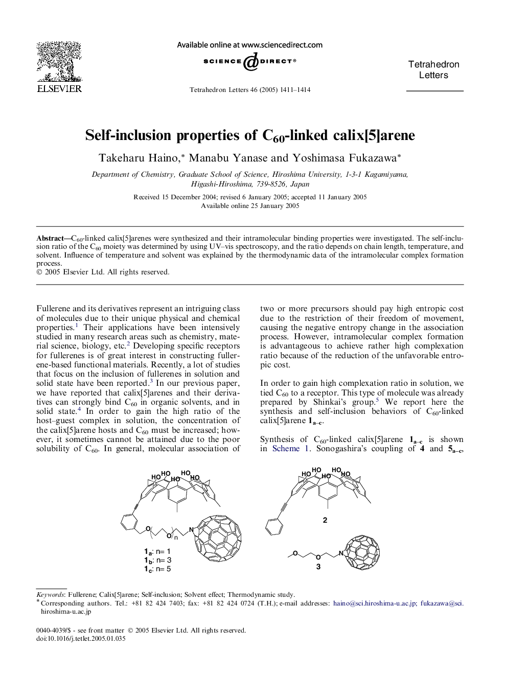 Self-inclusion properties of C60-linked calix[5]arene