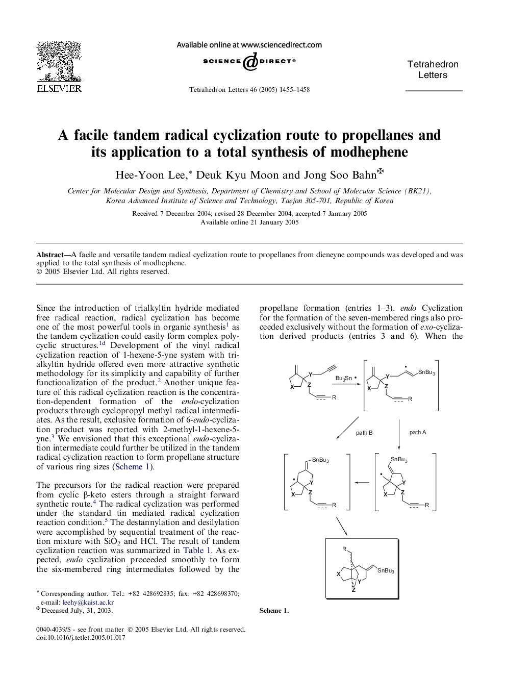 عکس صفحه اول مقاله: A facile tandem radical cyclization route to propellanes and its application to a total synthesis of modhephene A facile tandem radical cyclization route to propellanes and its application to a total synthesis of modhephene