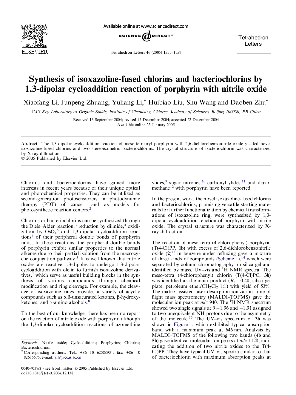 Synthesis of isoxazoline-fused chlorins and bacteriochlorins by 1,3-dipolar cycloaddition reaction of porphyrin with nitrile oxide