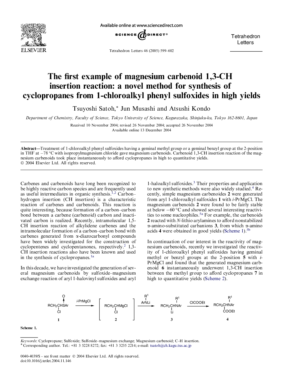 The first example of magnesium carbenoid 1,3-CH insertion reaction: a novel method for synthesis of cyclopropanes from 1-chloroalkyl phenyl sulfoxides in high yields