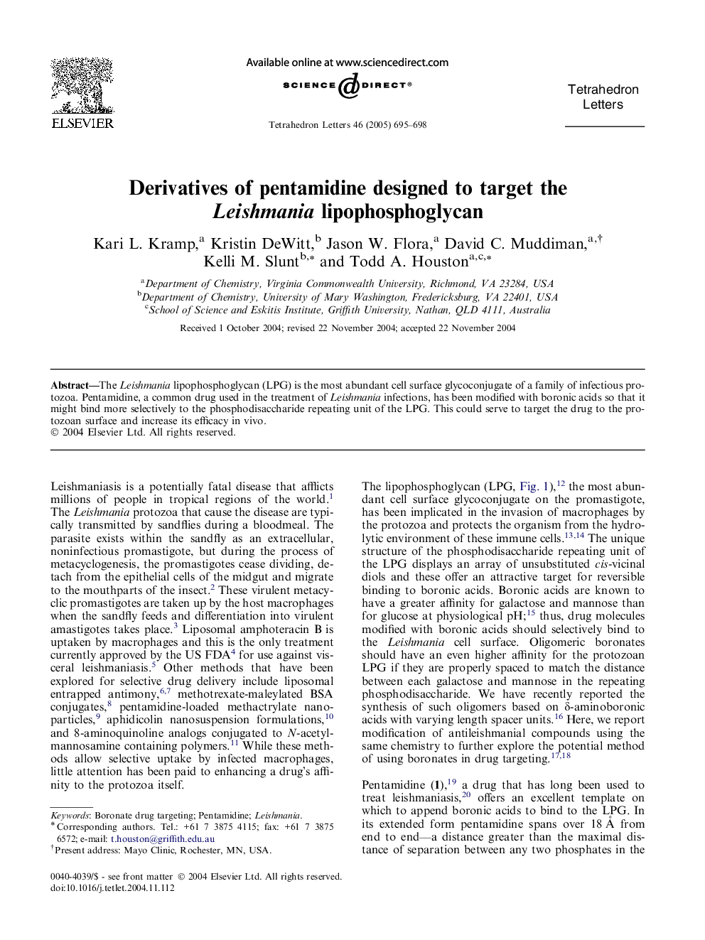 Derivatives of pentamidine designed to target the Leishmania lipophosphoglycan