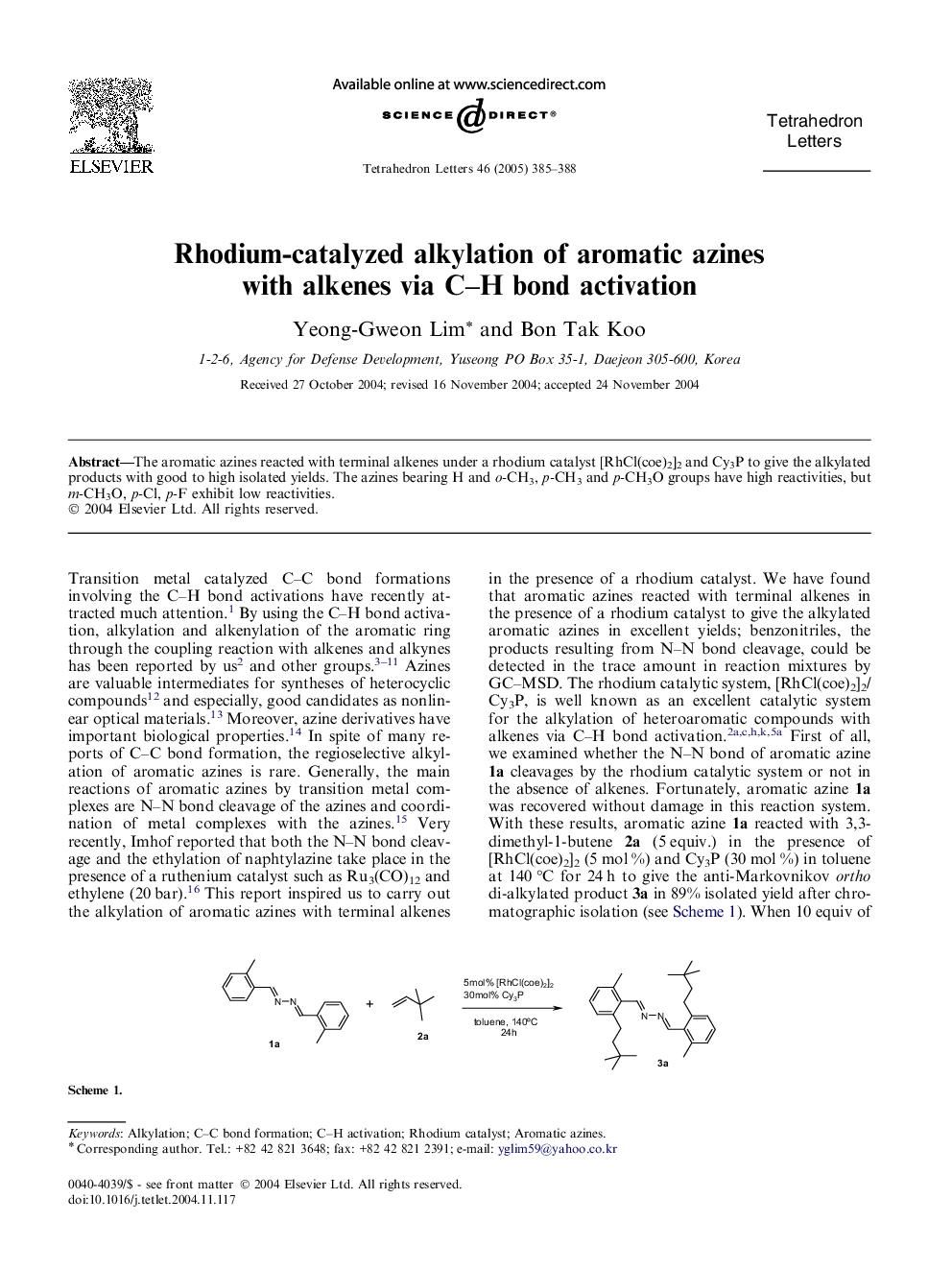 Rhodium-catalyzed alkylation of aromatic azines with alkenes via C-H bond activation