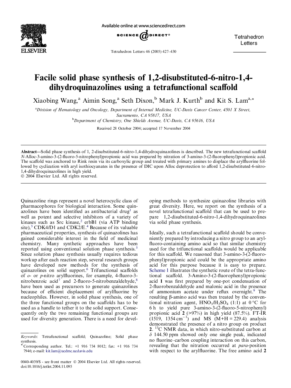 Facile solid phase synthesis of 1,2-disubstituted-6-nitro-1,4-dihydroquinazolines using a tetrafunctional scaffold