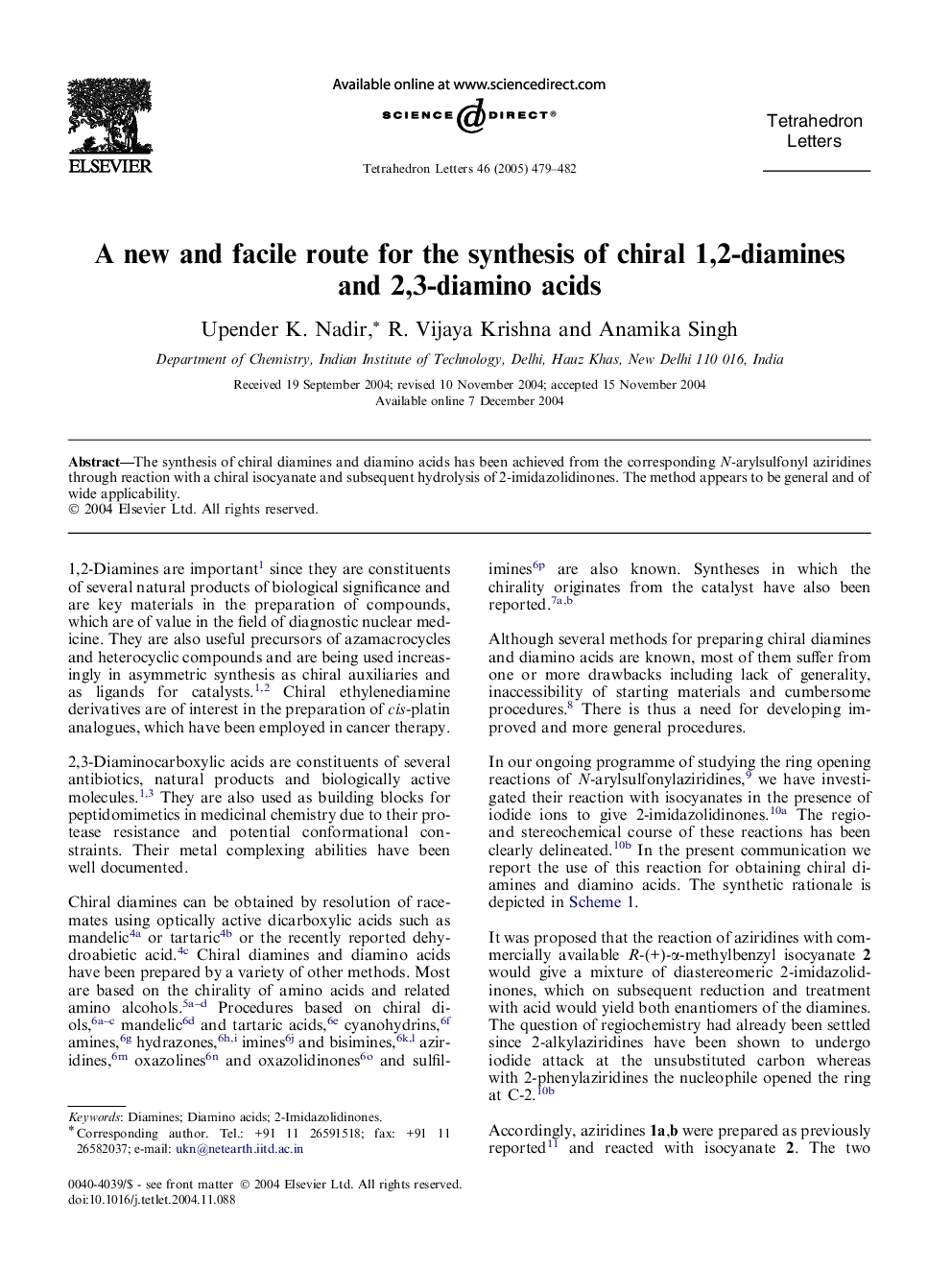 A new and facile route for the synthesis of chiral 1,2-diamines and 2,3-diamino acids