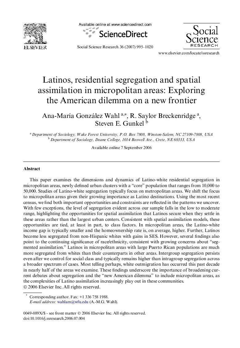Latinos, residential segregation and spatial assimilation in micropolitan areas: Exploring the American dilemma on a new frontier