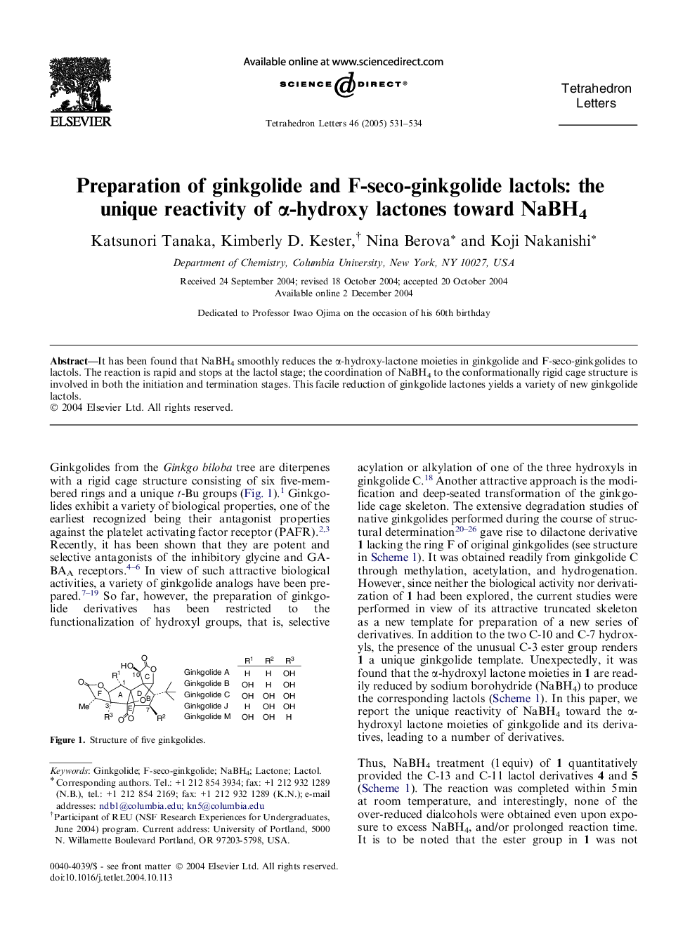 Preparation of ginkgolide and F-seco-ginkgolide lactols: the unique reactivity of Î±-hydroxy lactones toward NaBH4