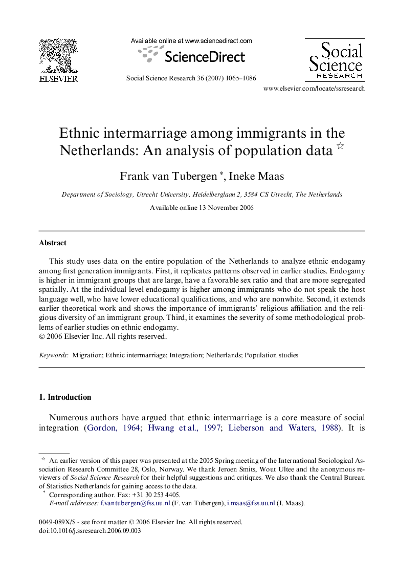 Ethnic intermarriage among immigrants in the Netherlands: An analysis of population data 