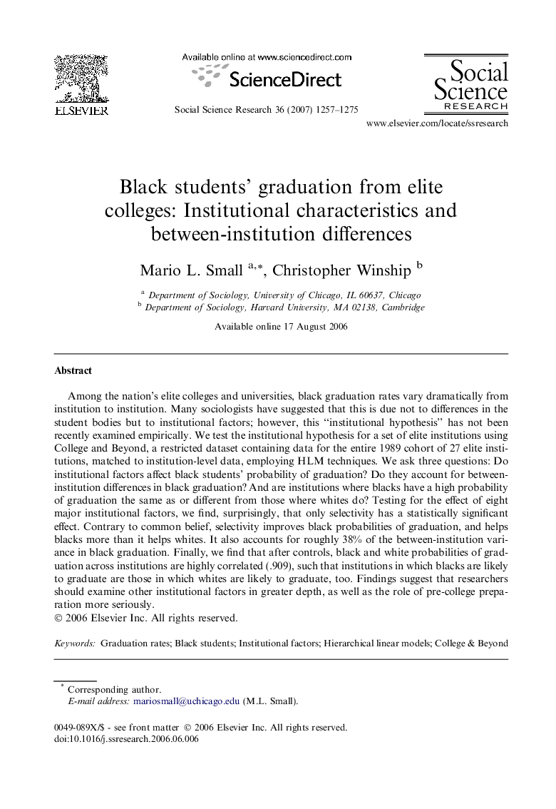 Black students' graduation from elite colleges: Institutional characteristics and between-institution differences