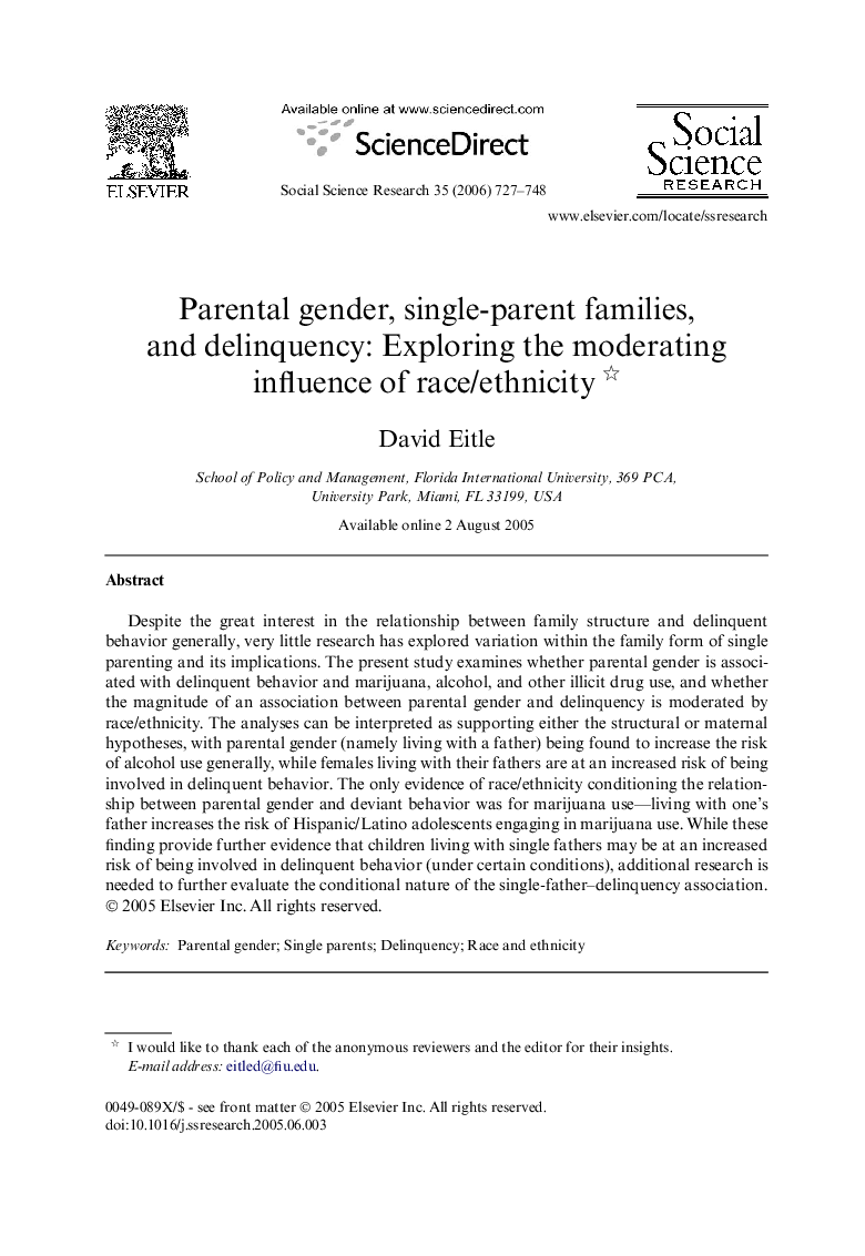 Parental gender, single-parent families, and delinquency: Exploring the moderating influence of race/ethnicity 