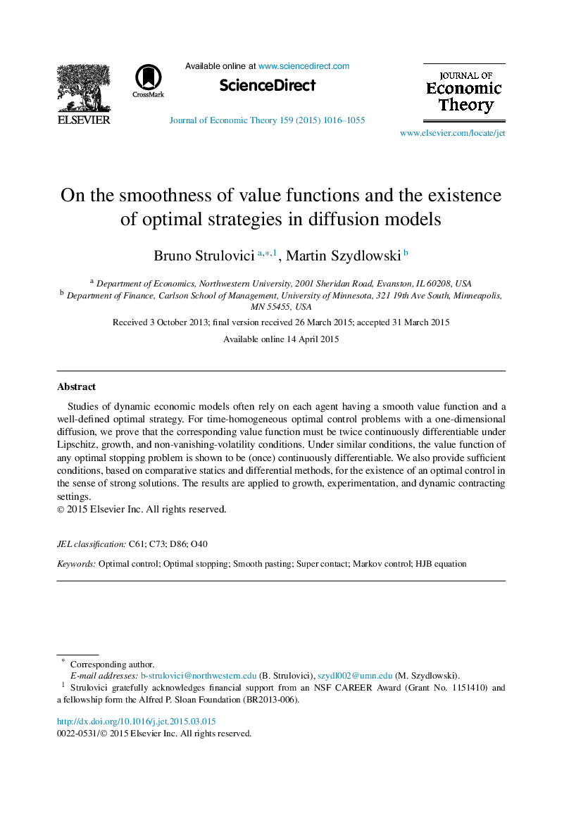 On the smoothness of value functions and the existence of optimal strategies in diffusion models