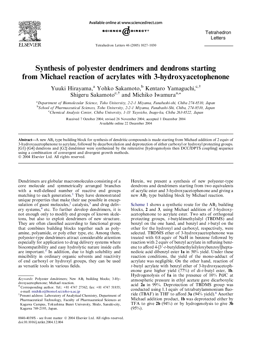 Synthesis of polyester dendrimers and dendrons starting from Michael reaction of acrylates with 3-hydroxyacetophenone