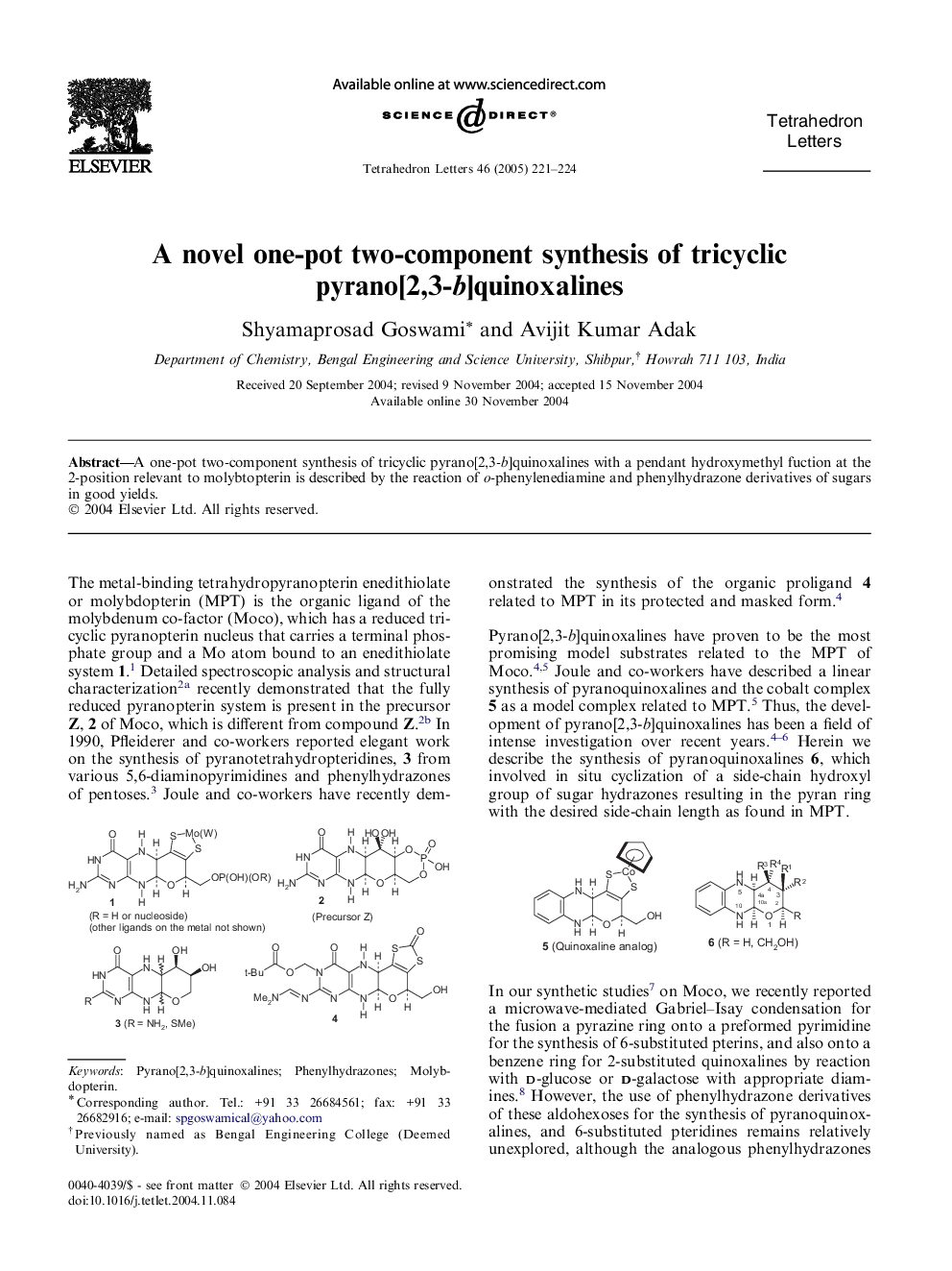 A novel one-pot two-component synthesis of tricyclic pyrano[2,3-b]quinoxalines