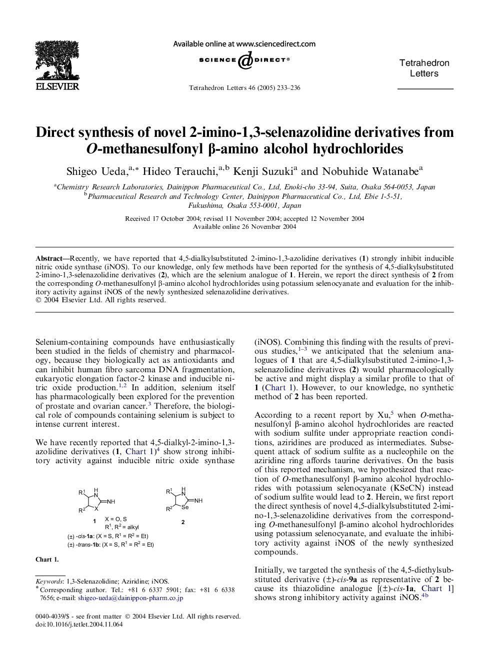 Direct synthesis of novel 2-imino-1,3-selenazolidine derivatives from O-methanesulfonyl Î²-amino alcohol hydrochlorides