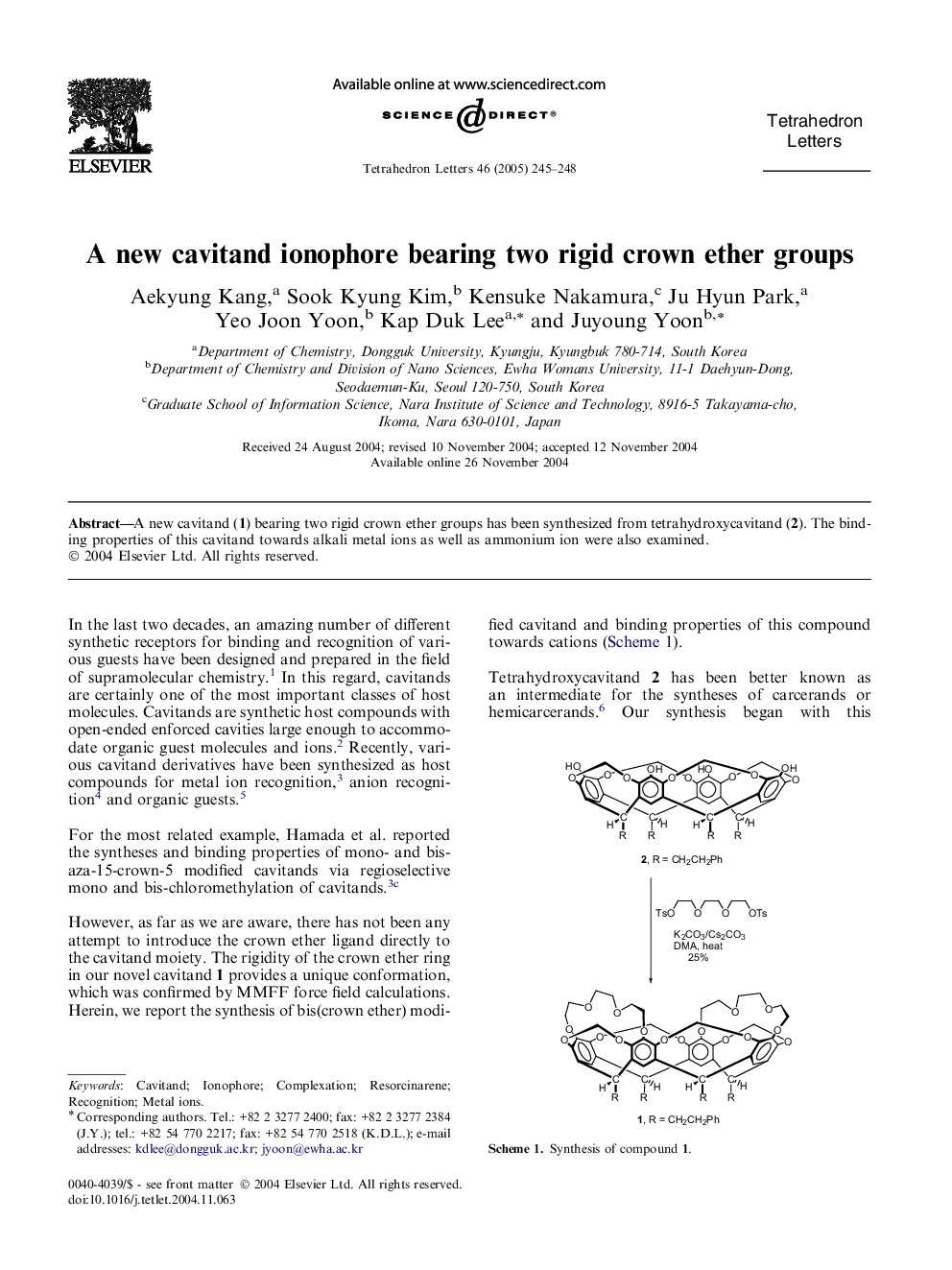 A new cavitand ionophore bearing two rigid crown ether groups