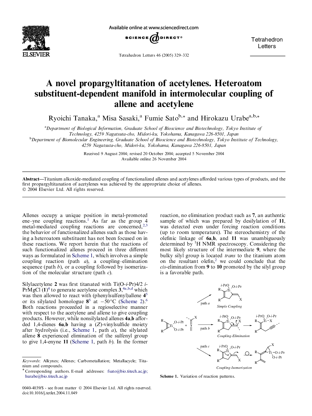 A novel propargyltitanation of acetylenes. Heteroatom substituent-dependent manifold in intermolecular coupling of allene and acetylene