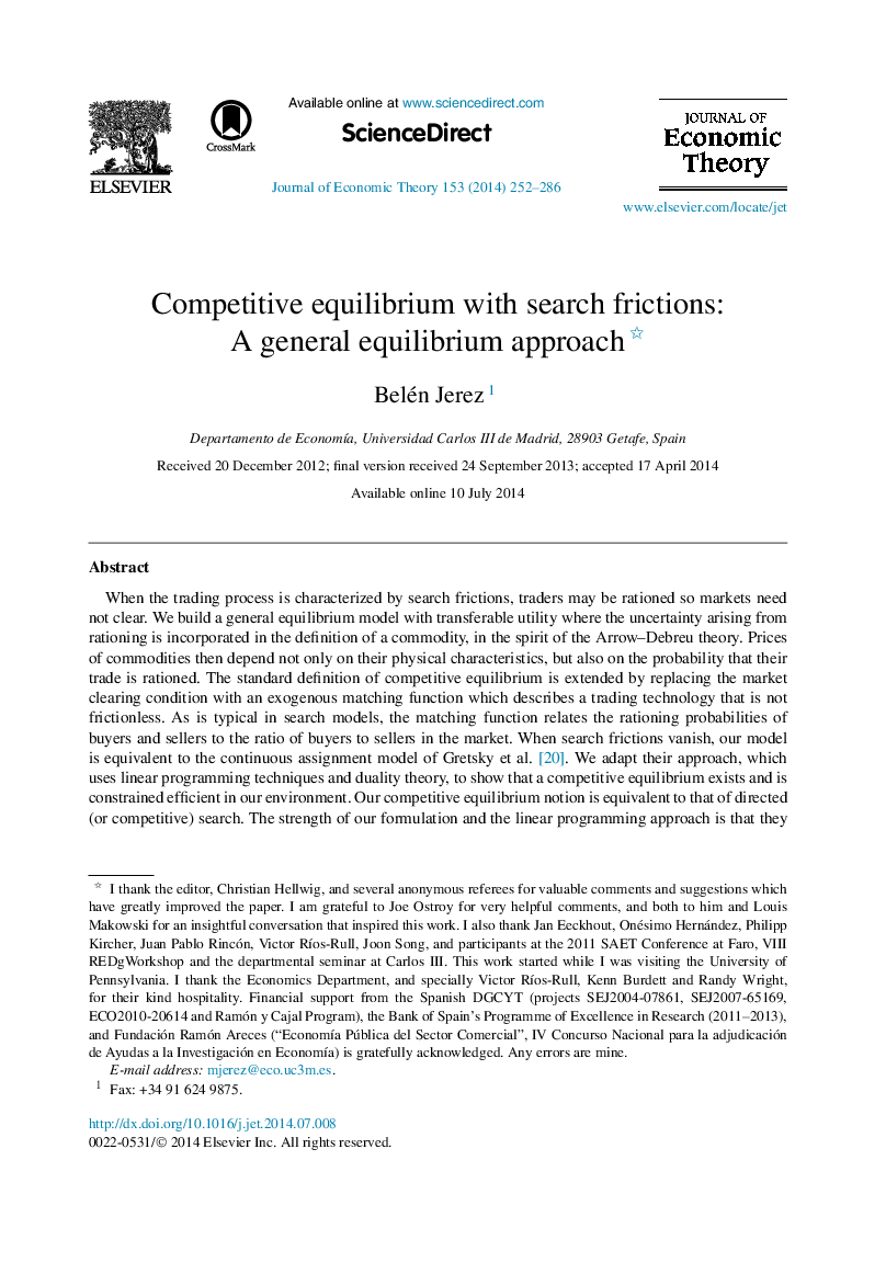 Competitive equilibrium with search frictions: A general equilibrium approach 
