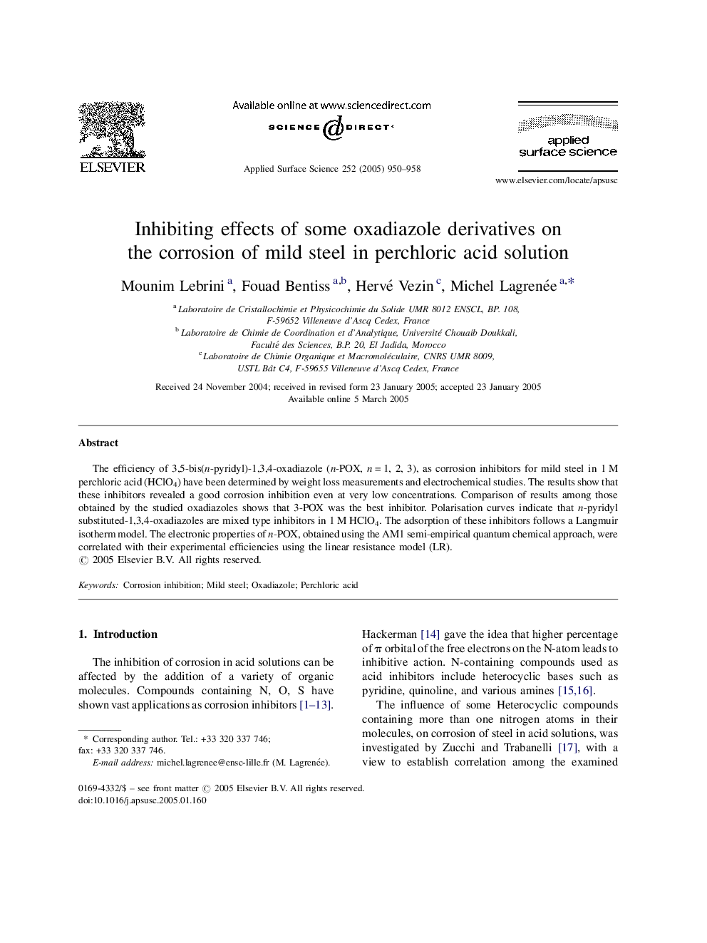 Inhibiting effects of some oxadiazole derivatives on the corrosion of mild steel in perchloric acid solution