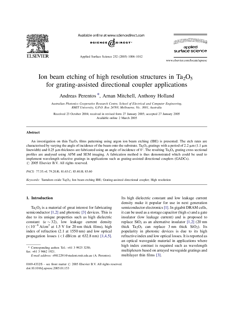 Ion beam etching of high resolution structures in Ta2O5 for grating-assisted directional coupler applications