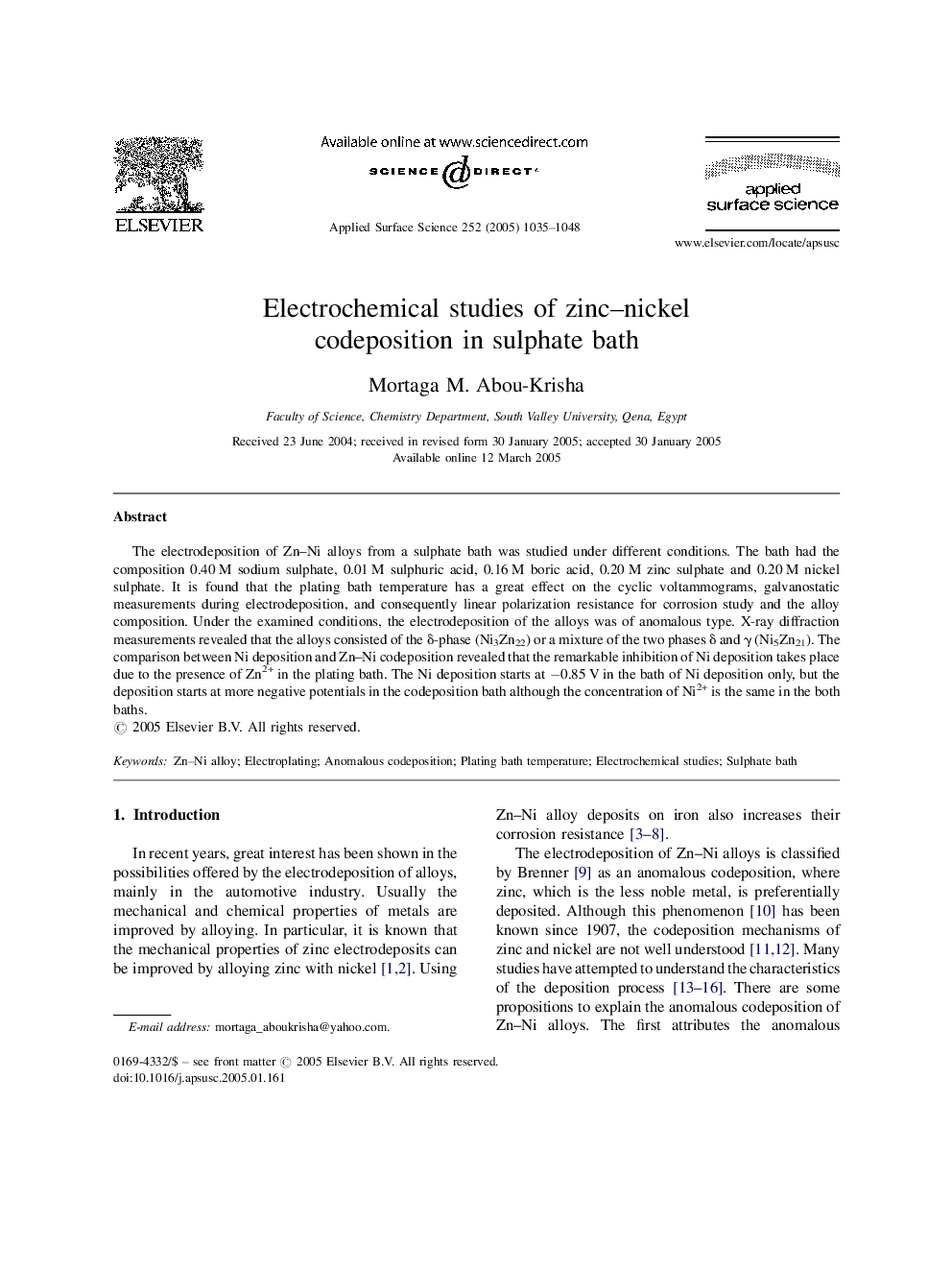 Electrochemical studies of zinc-nickel codeposition in sulphate bath